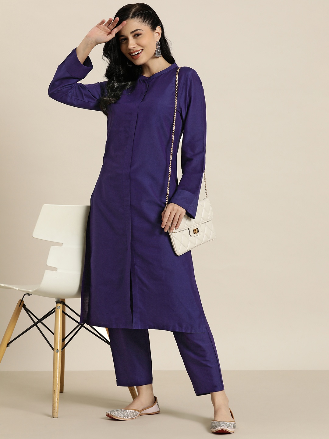 

HERE&NOW Women Band Collar Kurta with Palazzos, Violet