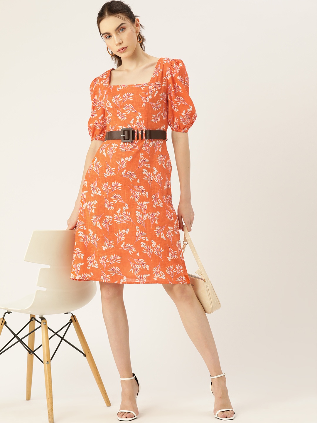 

DressBerry Floral Print Puff Sleeve Cotton A-Line Dress, Orange