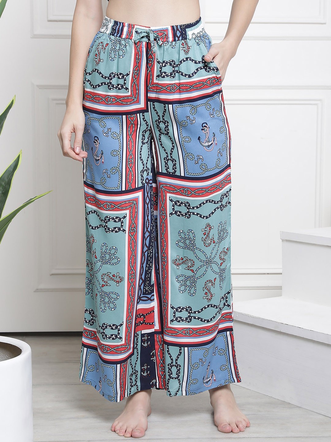 

Claura Cotton Sea Green & Blue Abstract Printed Flared Lounge Pants