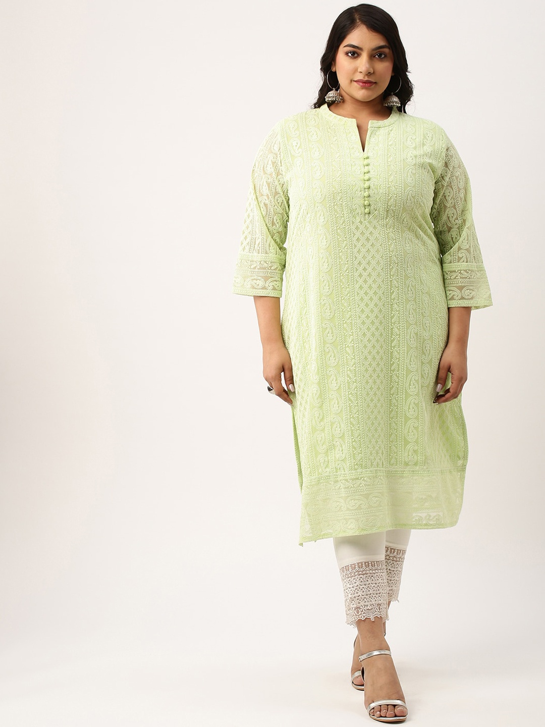 

Zola Plus Plus Size Ethnic Motifs Embroidered Chikankari Kurta, Green