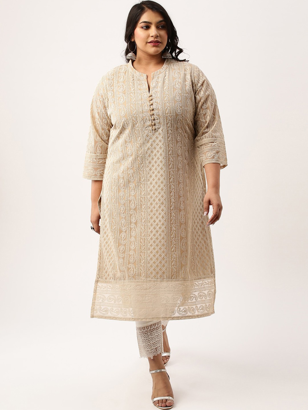 

Zola Plus Plus Size Ethnic Motifs Embroidered Chikankari Kurta, Beige