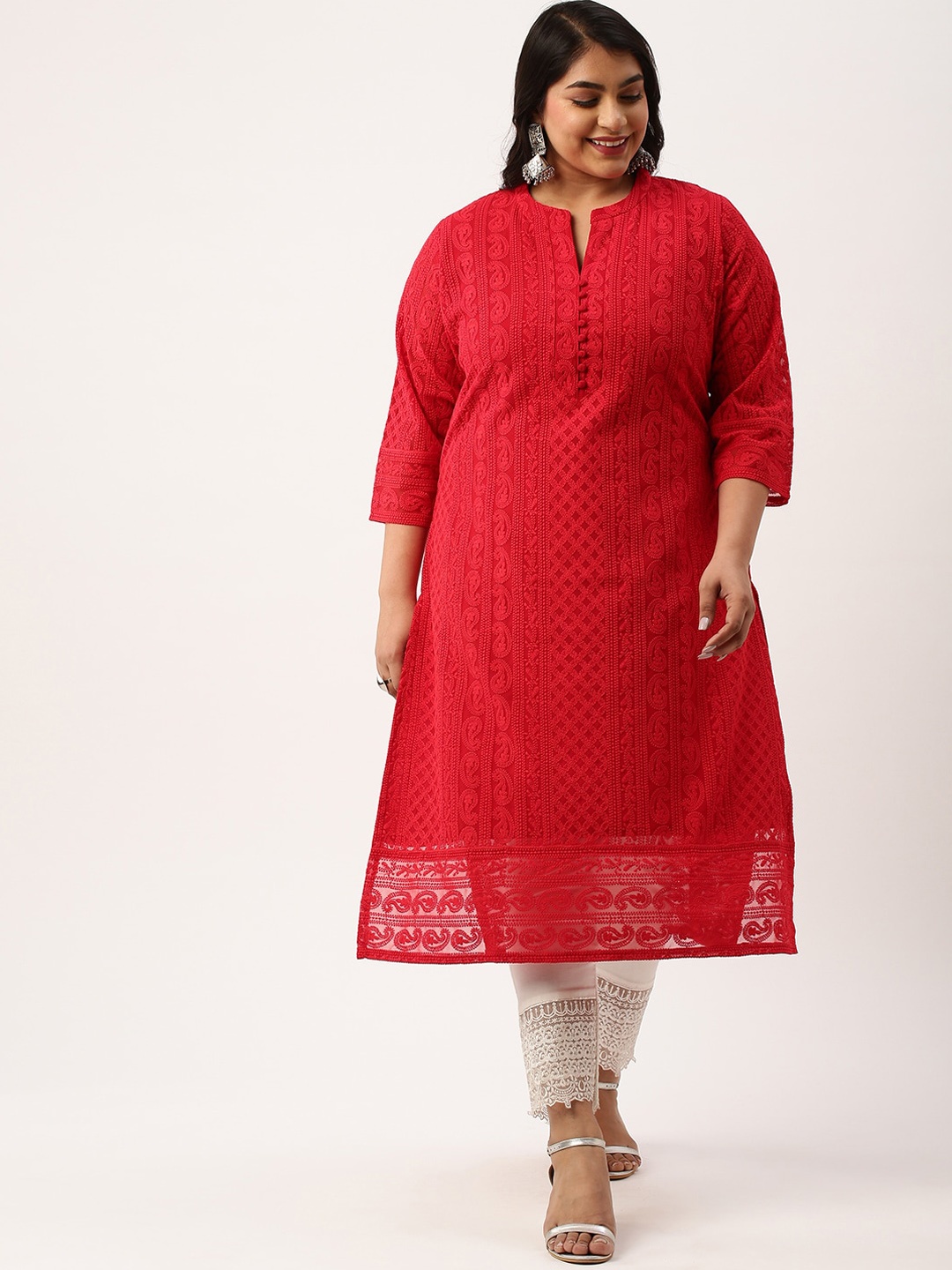 

Zola Plus Plus Size Ethnic Motifs Embroidered Chikankari Kurta, Red
