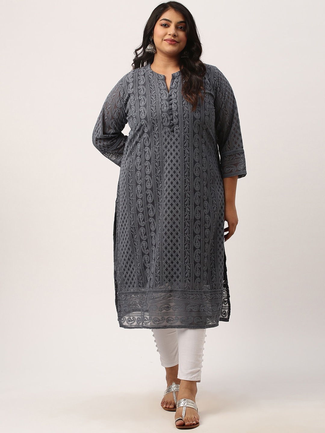 

Zola Plus Paisley Embroidered Chikankari Pure Georgette Kurta, Grey