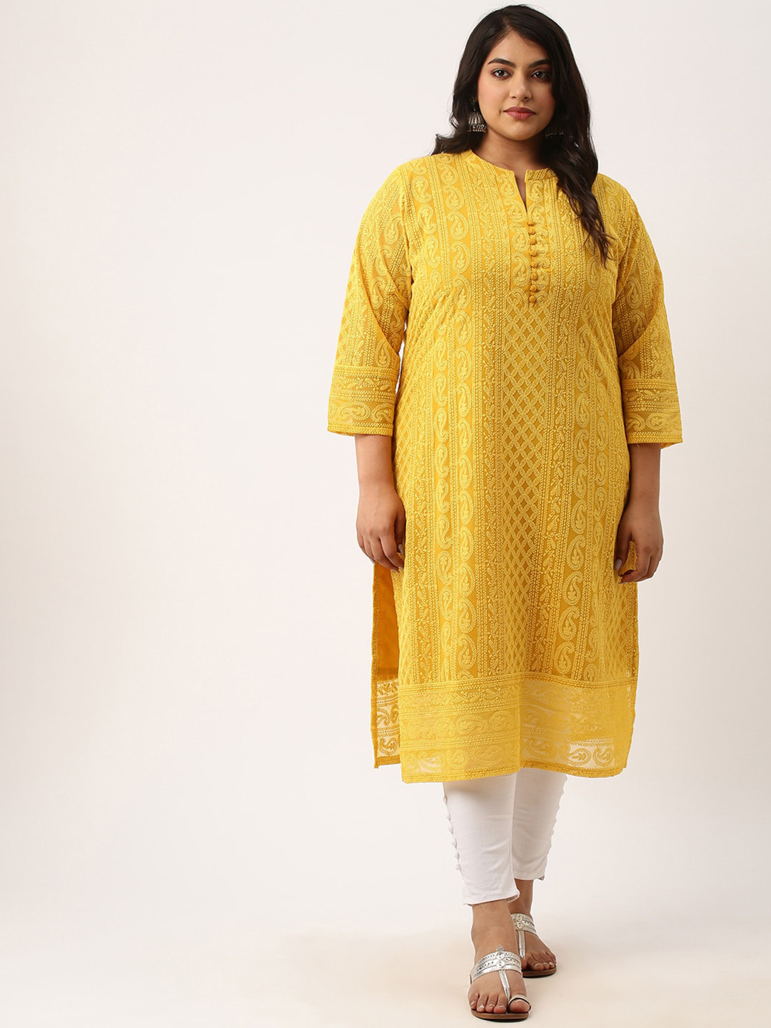 

Zola Plus Paisley Embroidered Chikankari Pure Georgette Kurta, Yellow