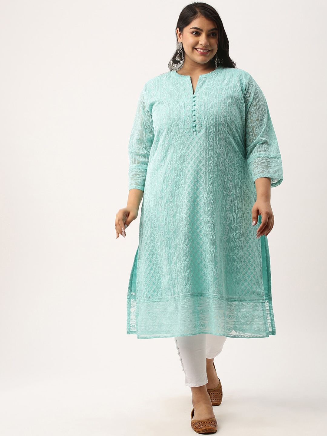 

Zola Plus Paisley Embroidered Chikankari Pure Georgette Kurta, Sea green
