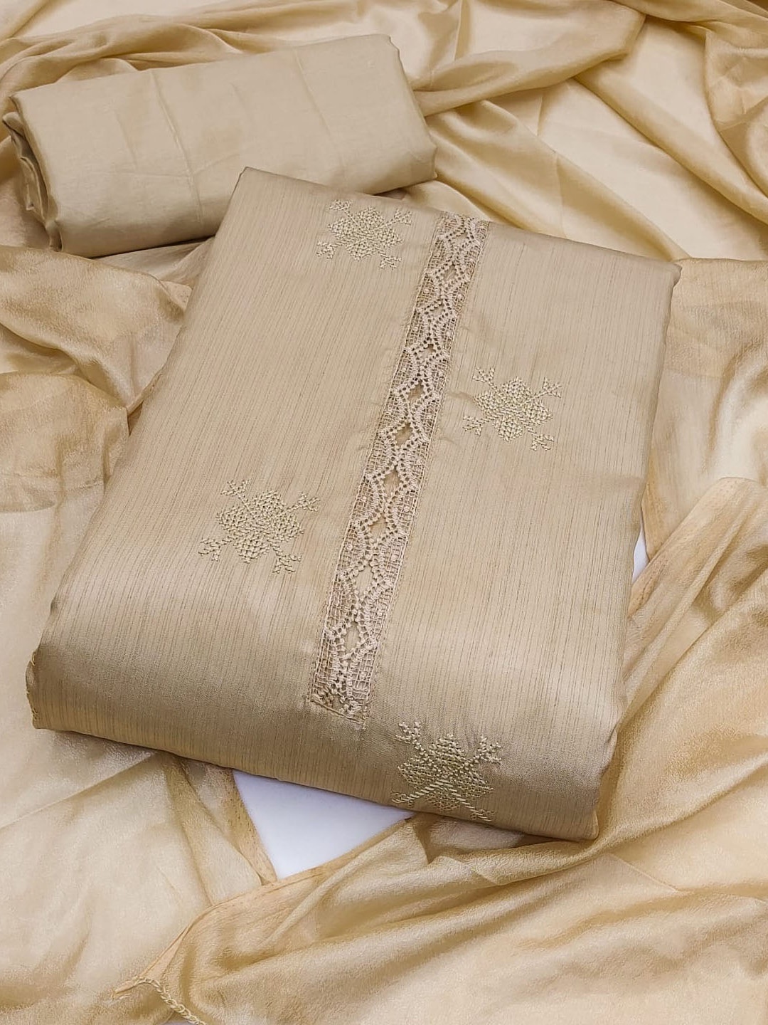 

APNISHA Floral Embroidered Unstitched Dress Material, Cream