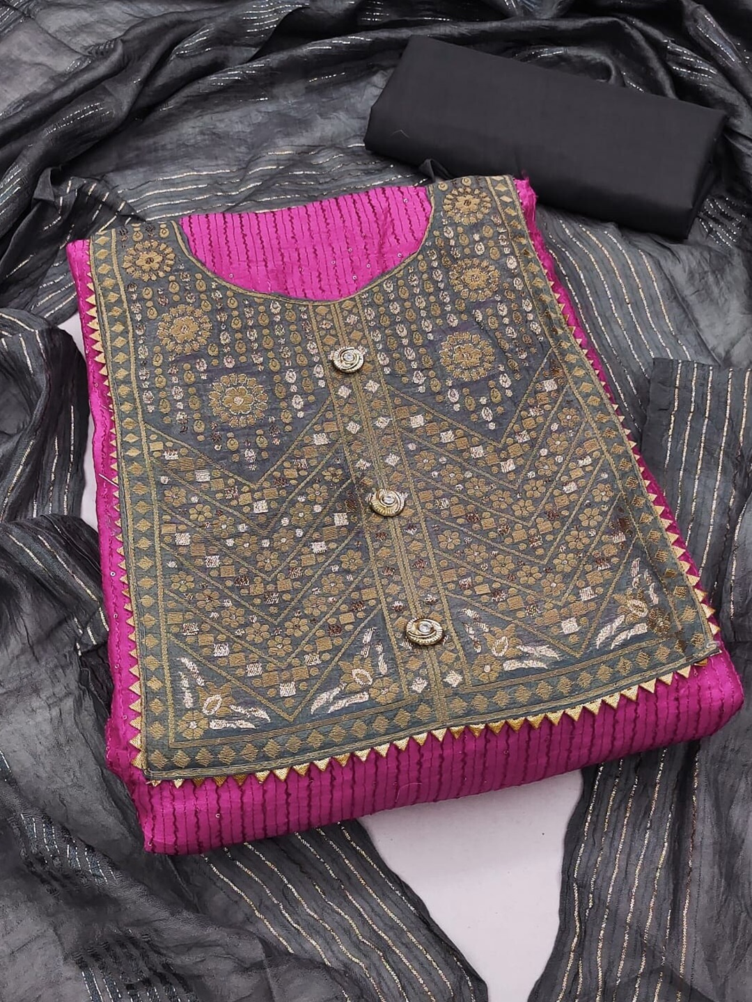 

APNISHA Striped Embroidered Unstitched Dress Material, Pink
