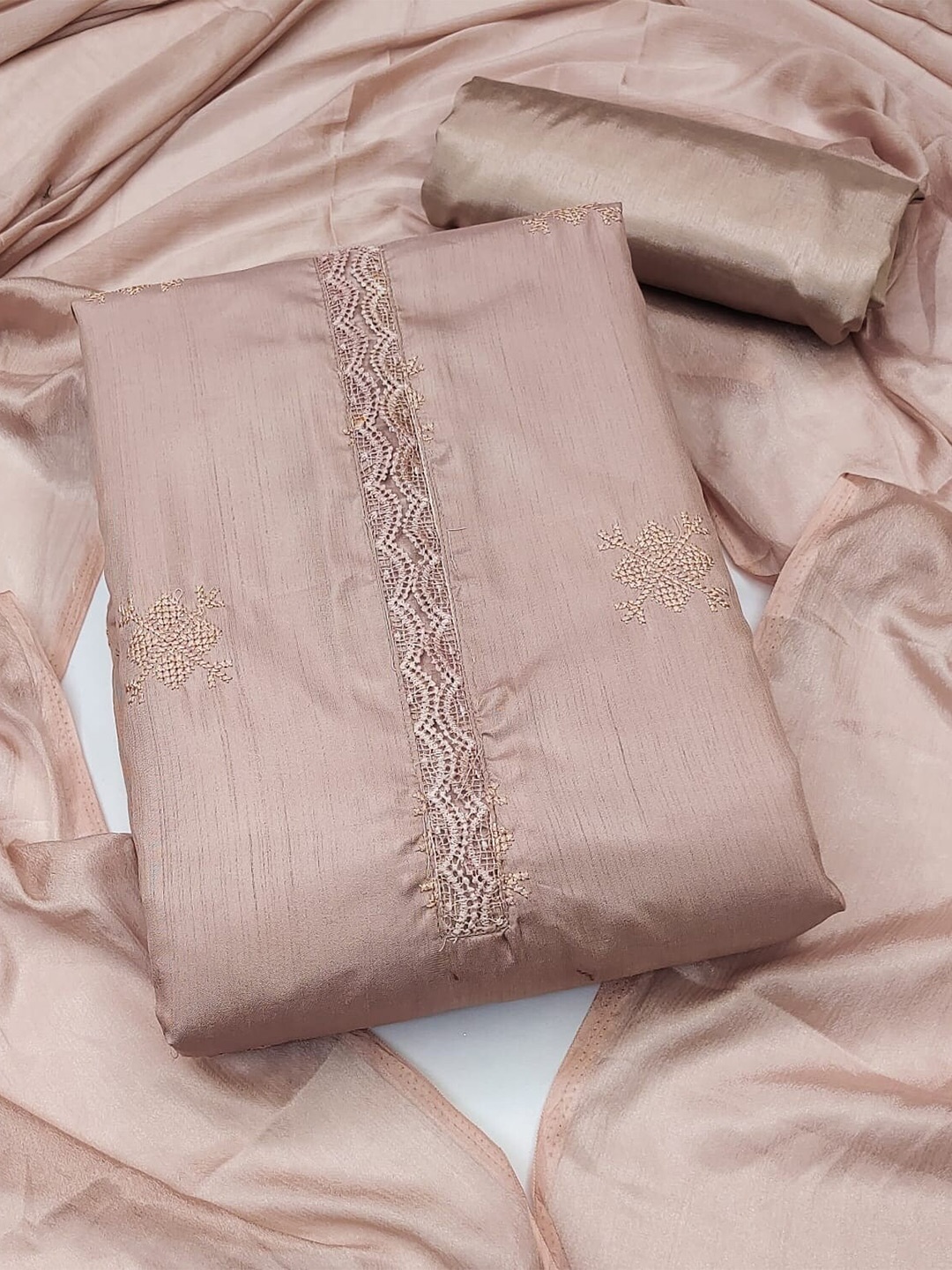 

APNISHA Ethnic Motifs Embroidered Unstitched Dress Material, Beige