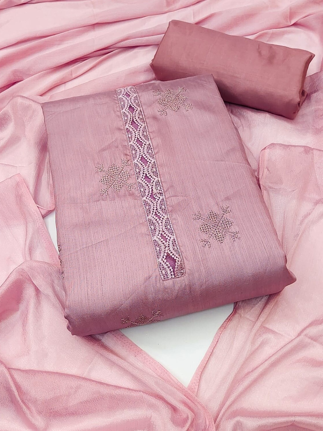 

APNISHA Ethnic Motifs Embroidered Unstitched Dress Material, Pink