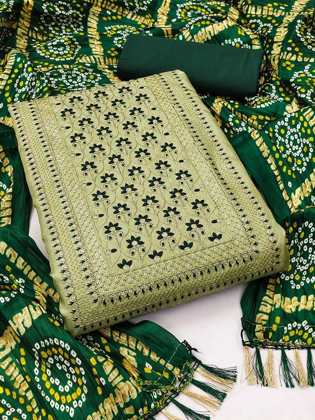 

APNISHA Ethnic Motifs Embroidered Unstitched Dress Material, Lime green