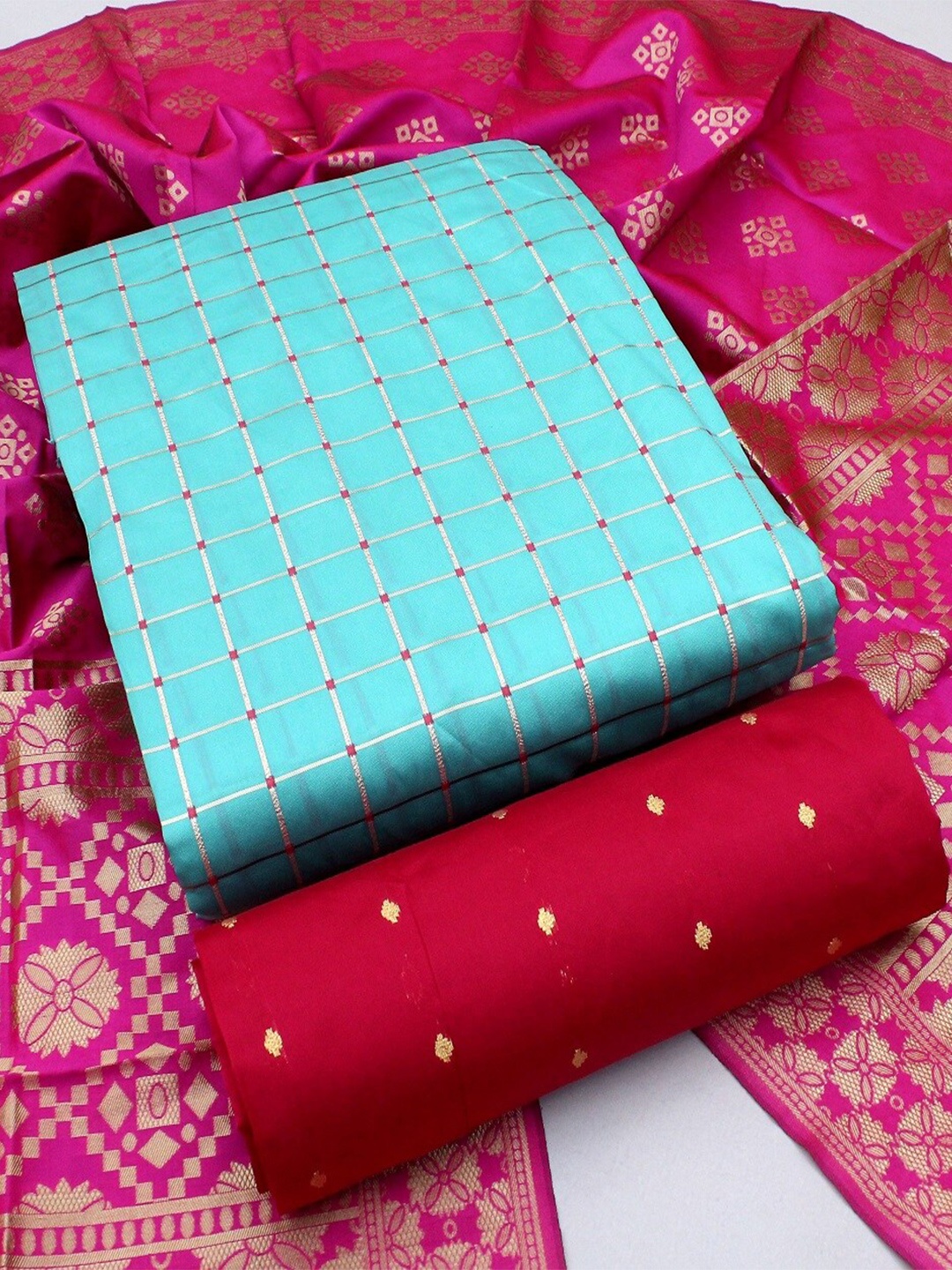 

APNISHA Checked Woven Design Zari Unstitched Dress Material, Turquoise blue