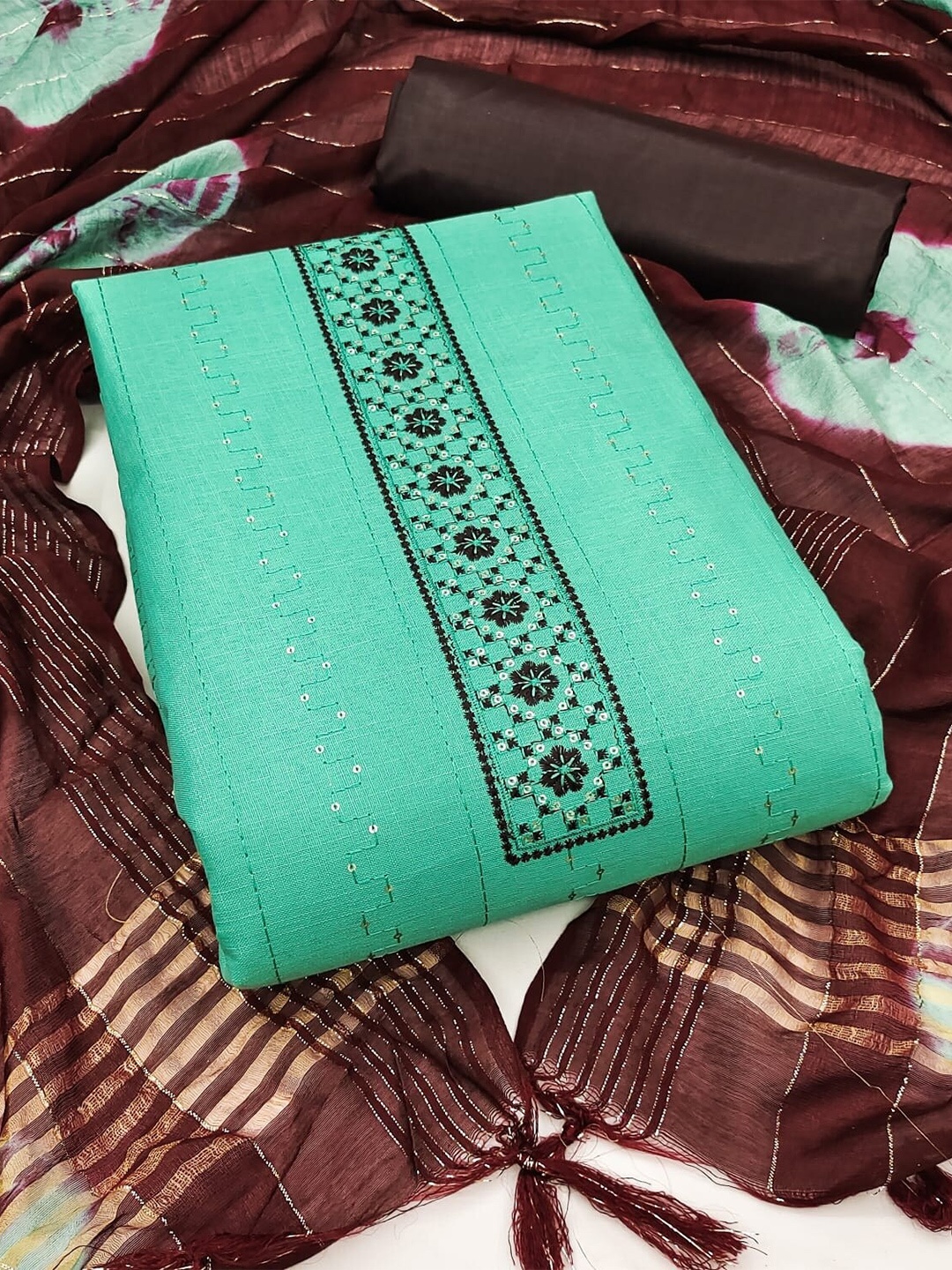

APNISHA Embroidered Unstitched Dress Material, Turquoise blue