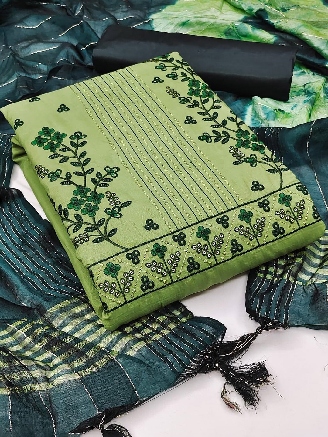 

APNISHA Floral Embroidered Unstitched Dress Material, Lime green