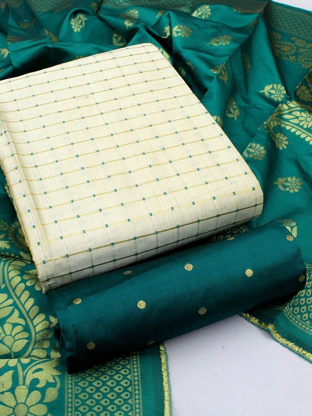 

APNISHA Geometric Printed Embroidered Pure Silk Zari Unstitched Dress Material, Lime green