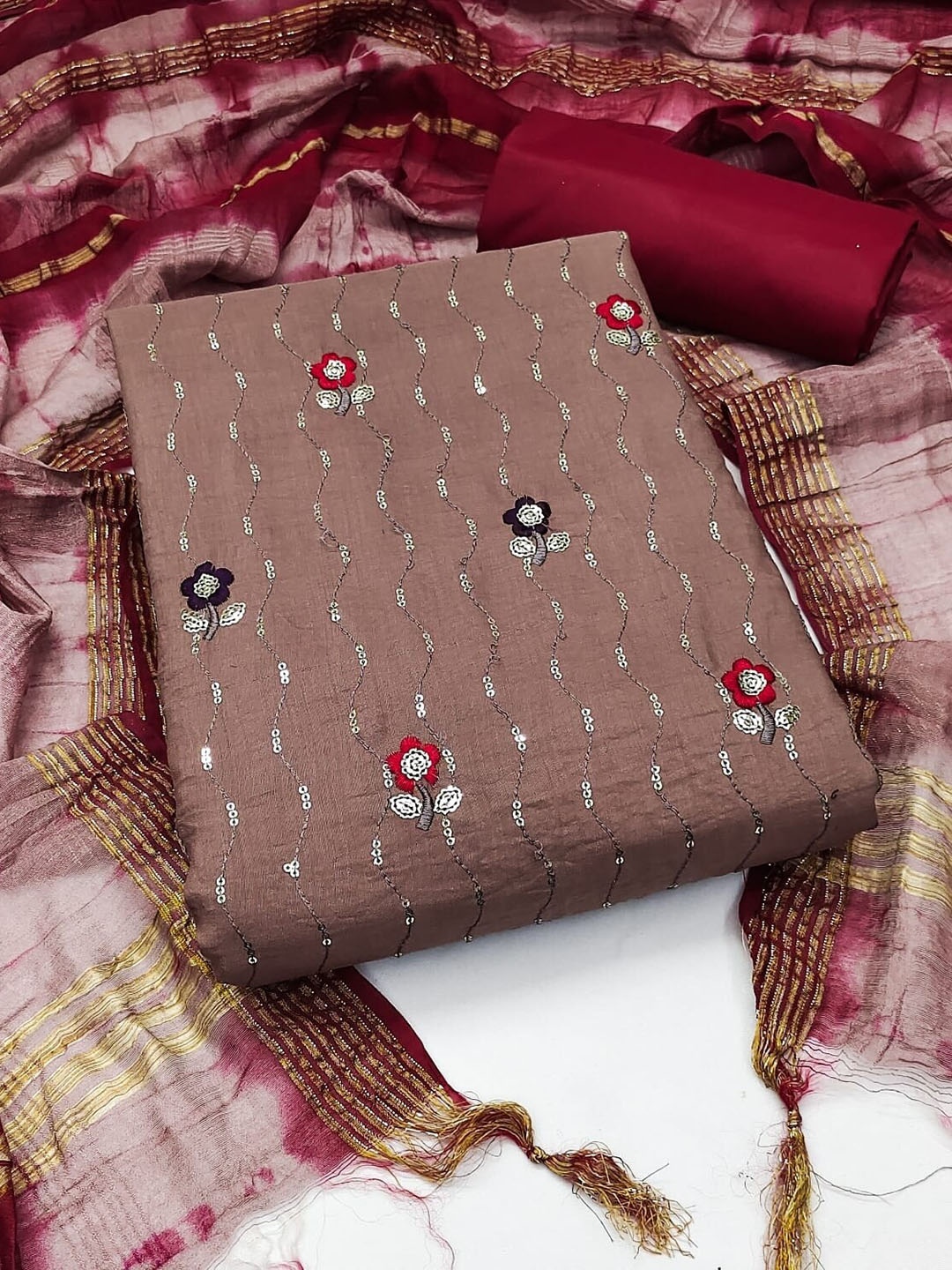 

APNISHA Embroidered Unstitched Dress Material, Coffee brown
