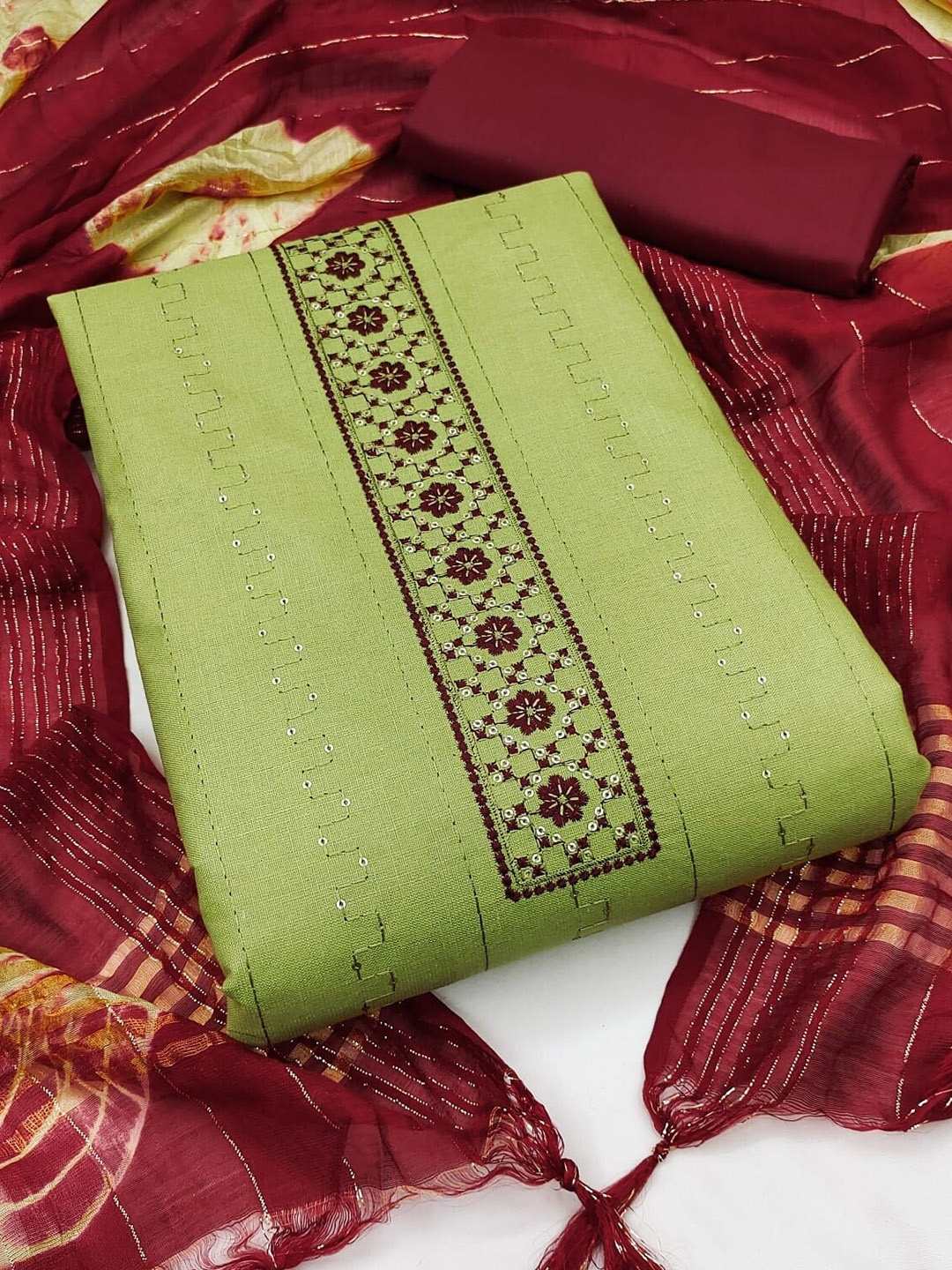 

APNISHA Ethnic Print Embroidered Cotton Unstitched Dress Material, Lime green