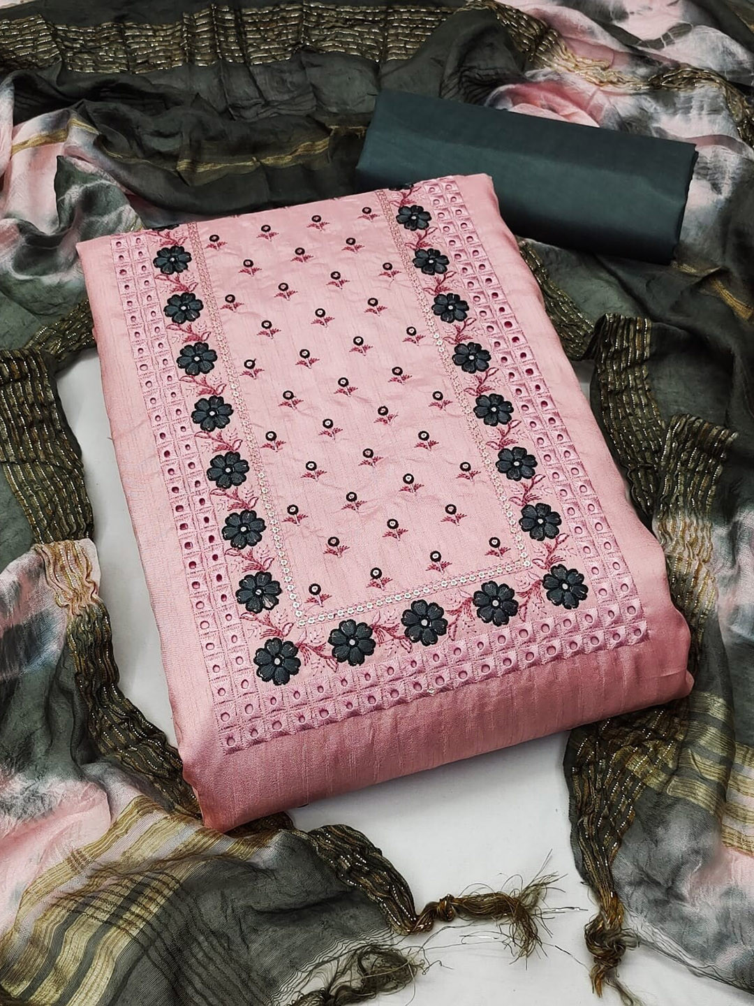 

APNISHA Floral Embroidered Unstitched Dress Material, Pink