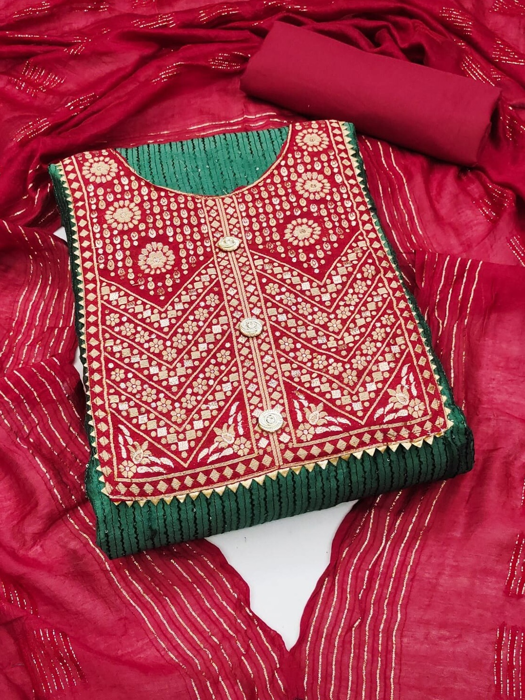 

APNISHA Sequinned Detail Ethnic Motifs Embroidered Unstitched Dress Material, Green
