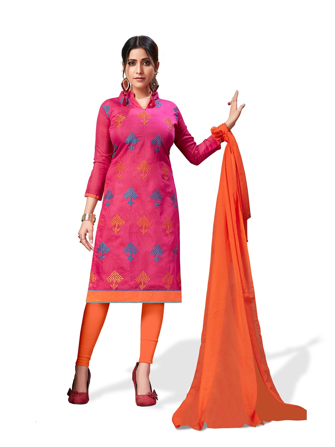 

APNISHA Ethnic Motifs Embroidered Unstitched Dress Material, Pink