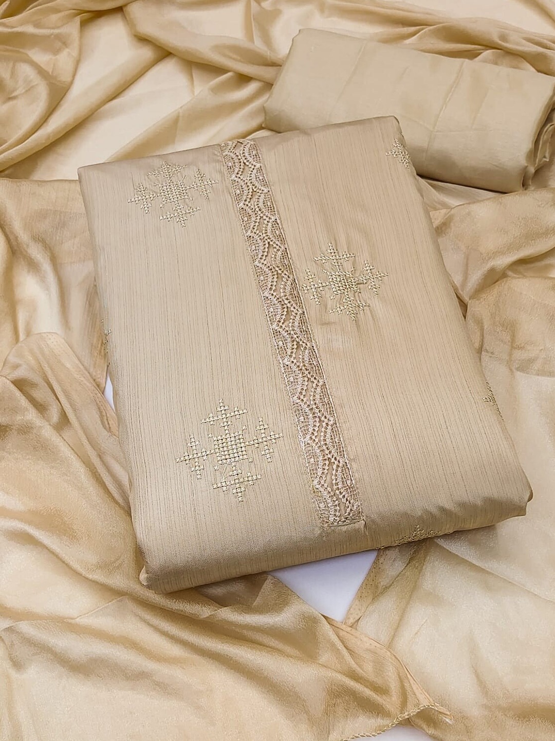 

APNISHA Embroidered Unstitched Dress Material, Cream