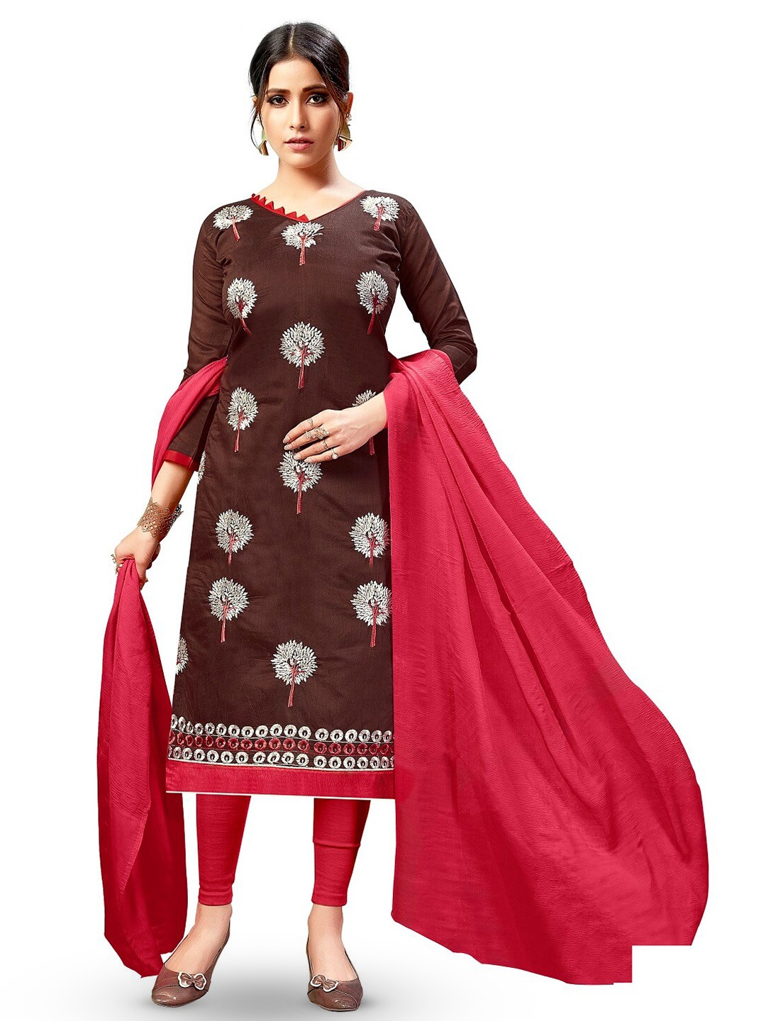 

APNISHA Floral Embroidered Silk Chiffon Unstitched Dress Material, Brown