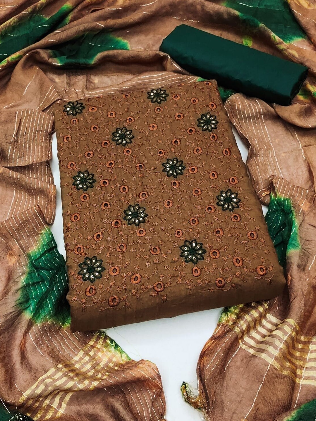 

APNISHA Embroidered Unstitched Dress Material, Brown