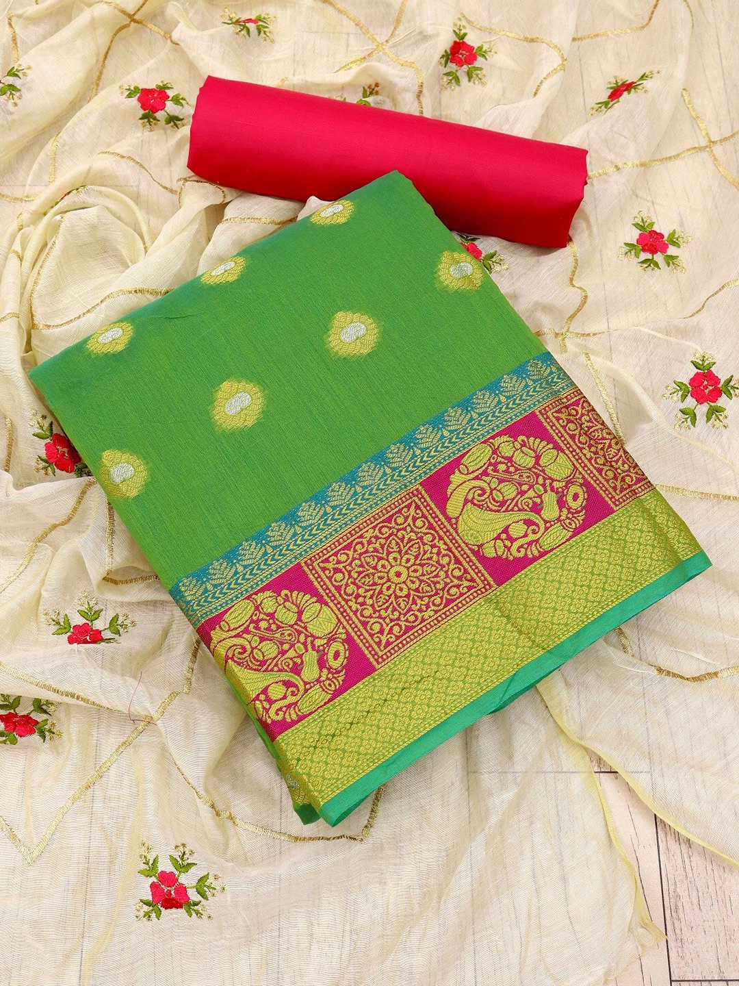 

APNISHA Ethnic Motifs Embroidered Unstitched Dress Material, Green