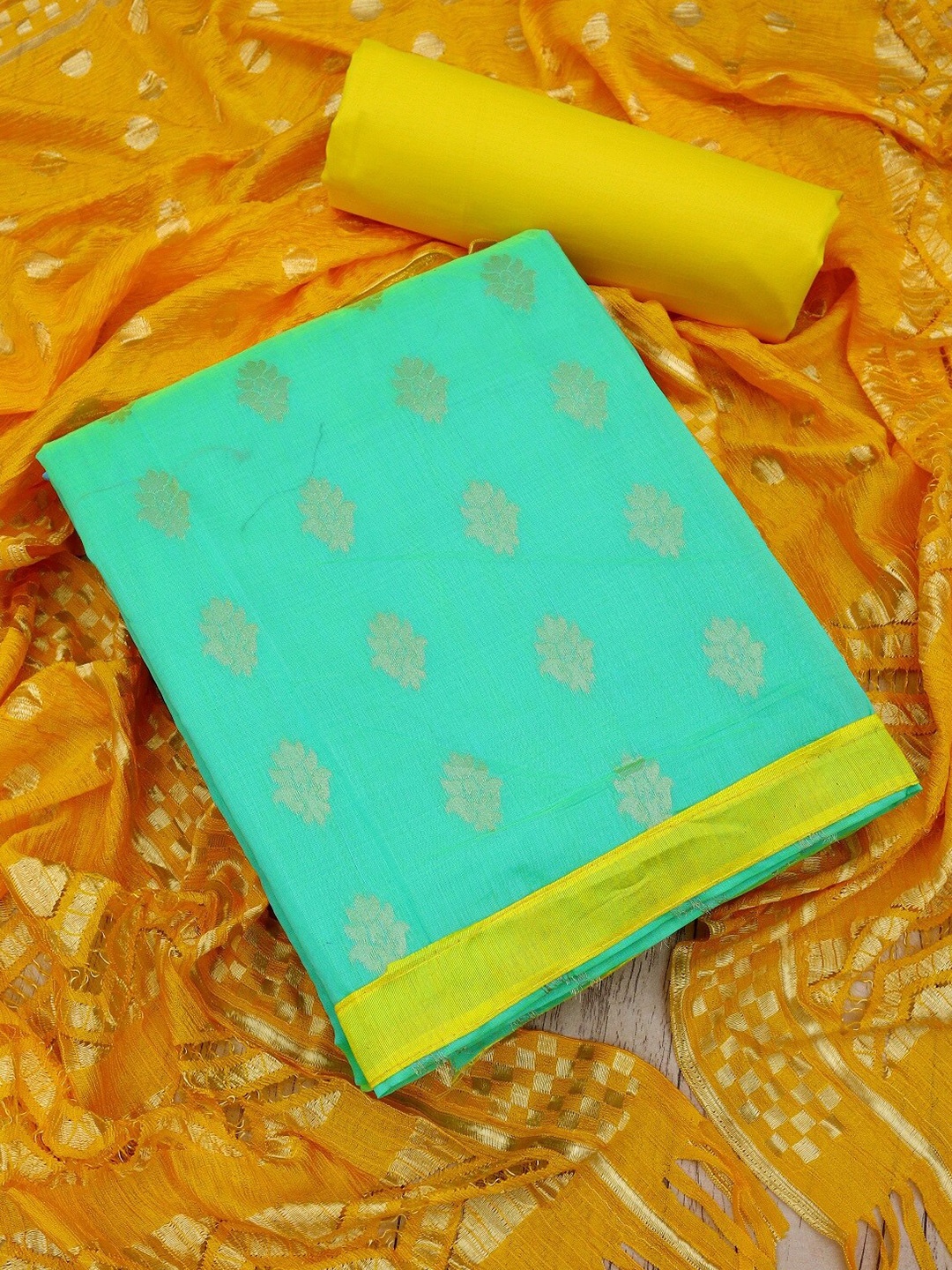 

APNISHA Ethnic Motifs Woven Design Pure Silk Unstitched Dress Material, Sea green