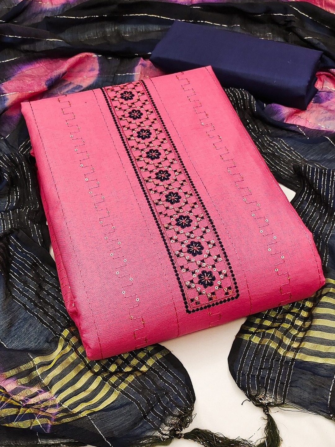 

APNISHA Embroidered Unstitched Dress Material, Pink