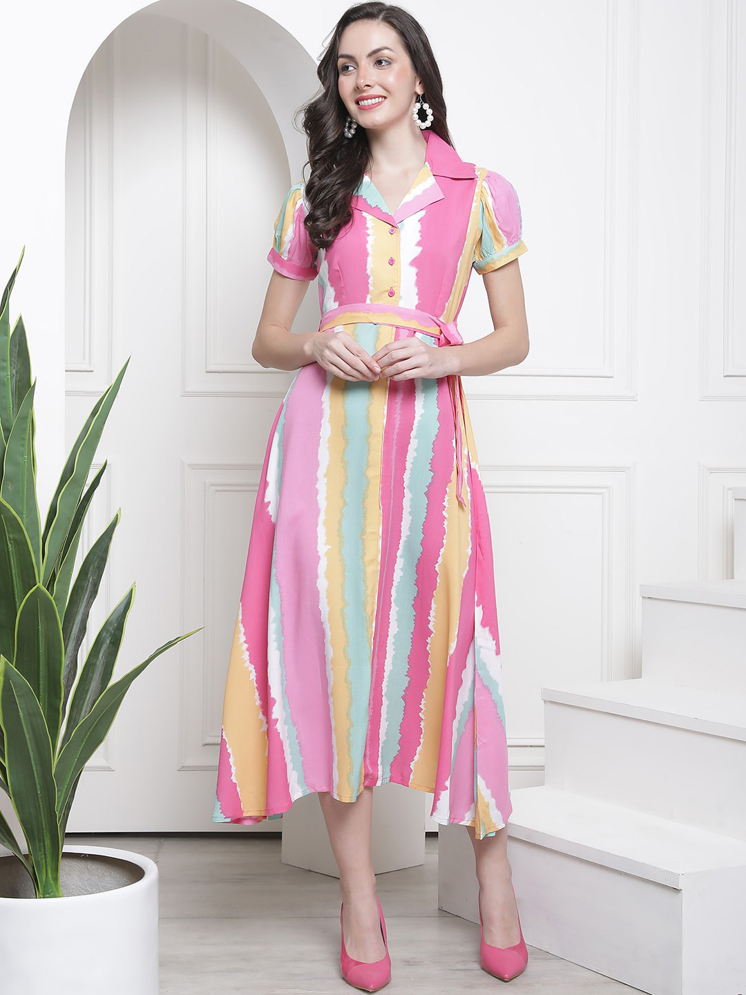 

Claura Pink & Yellow Shirt Collar Puff Sleeves Striped Maxi Dress