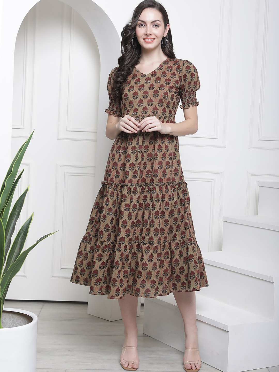 

Claura Brown Floral Printed Mandarin Collar Tiered Cotton Cambric Fit & Flare Midi Dress