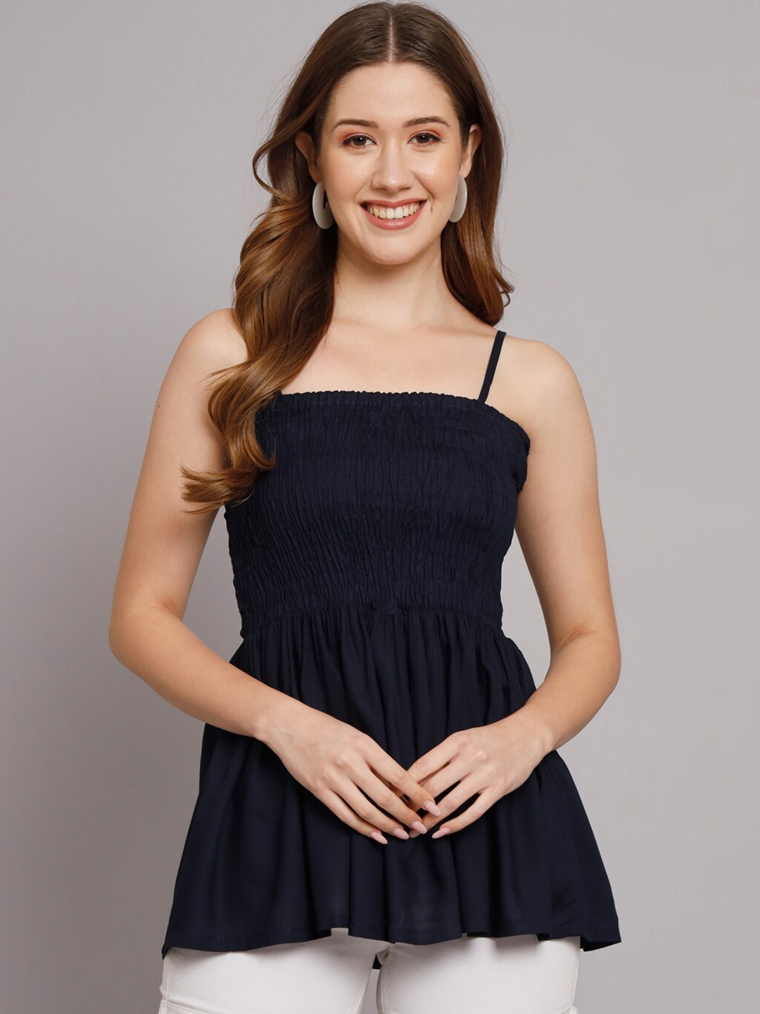 

KALINI Smocked Shoulder Straps Longline Regular Top, Navy blue