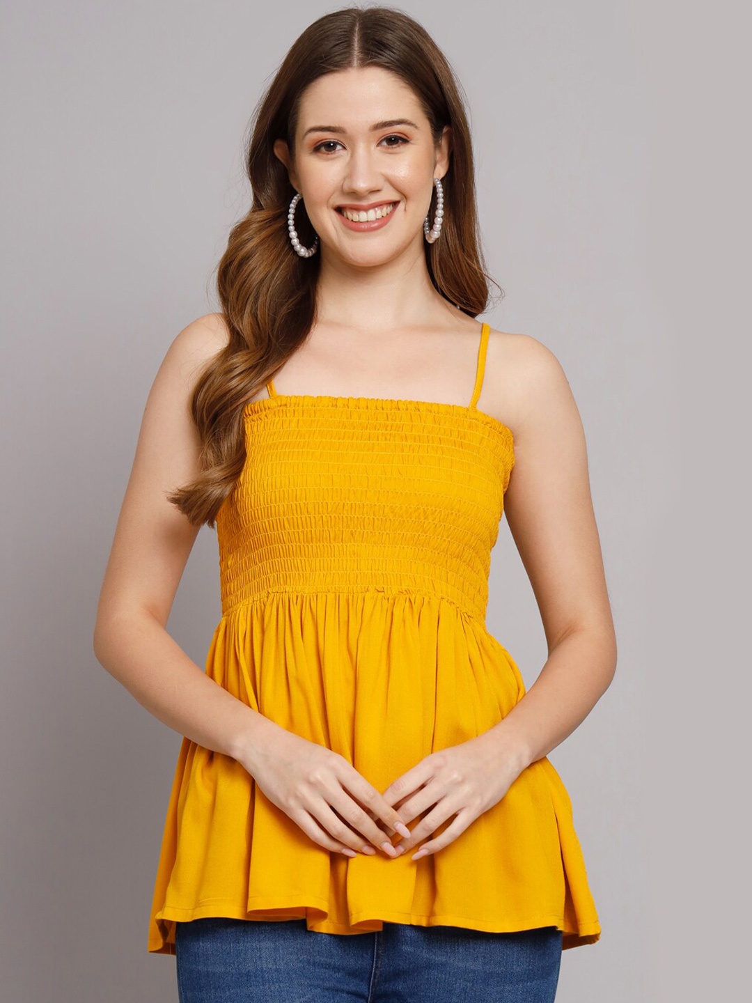 

KALINI Smocked Shoulder Straps Longline Regular Top, Mustard