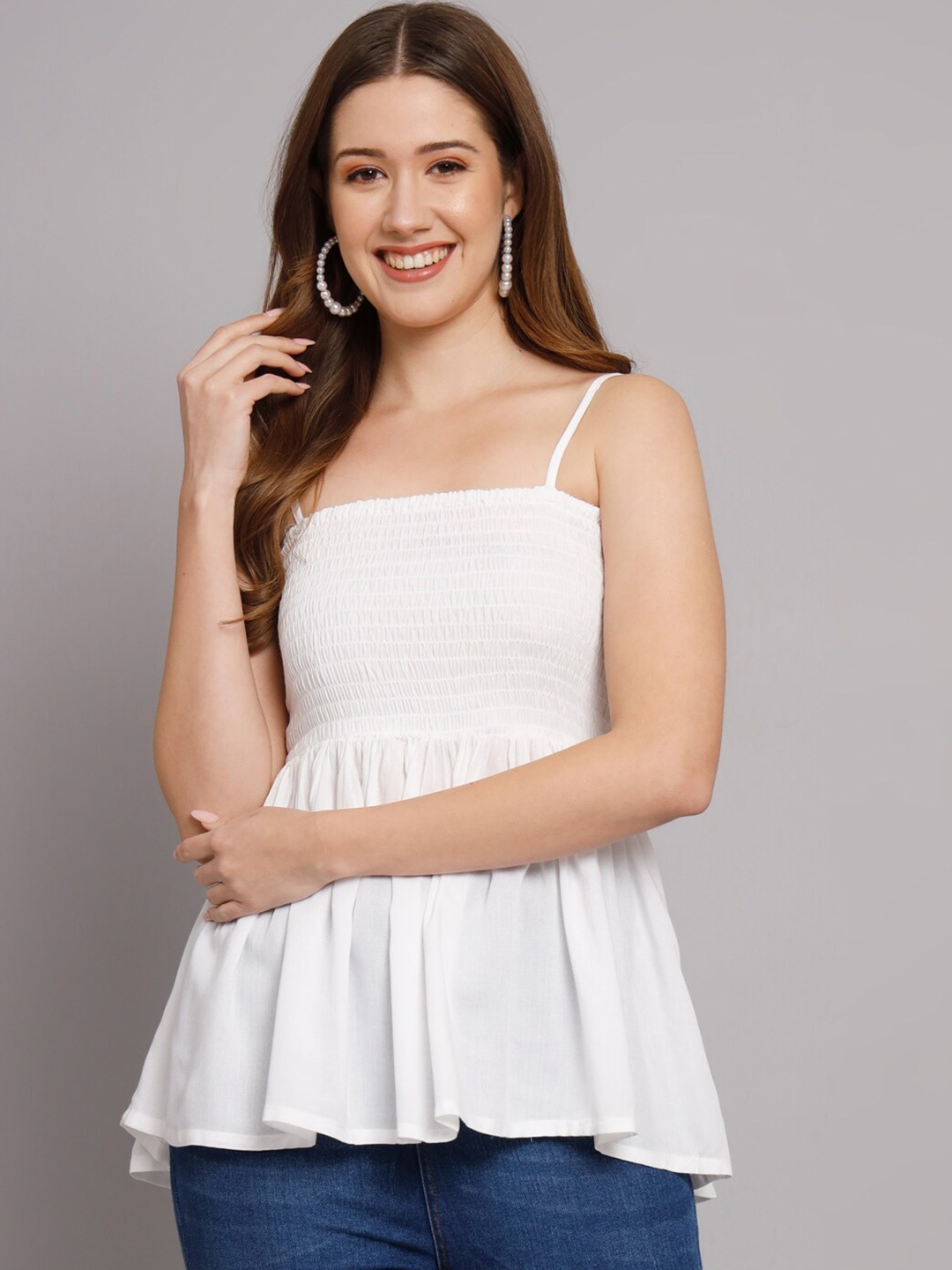 

KALINI Smocked Shoulder Straps Longline Regular Top, White