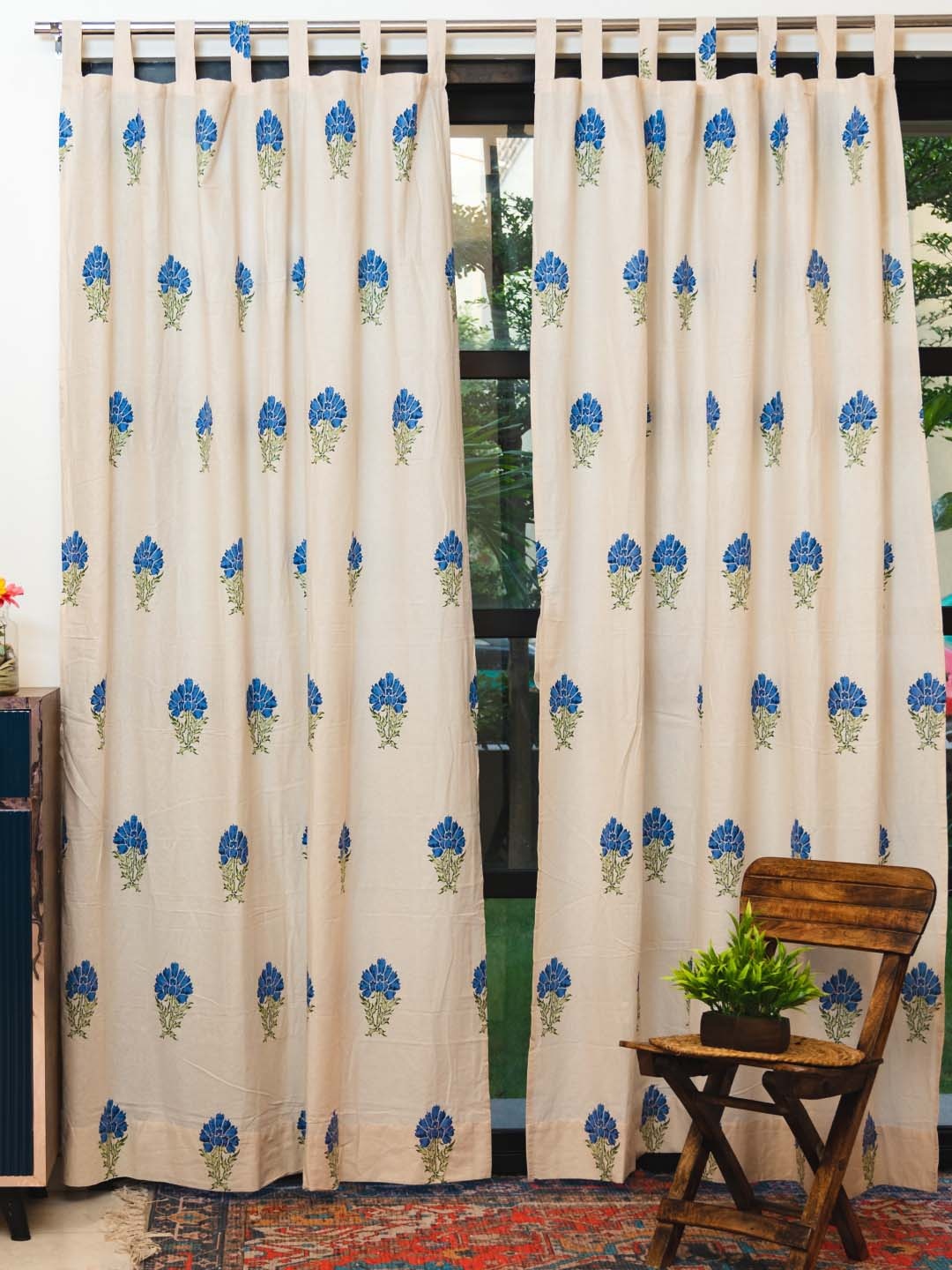 

URBAN SPACE White & Blue 2 Pieces Floral Cotton Door Curtains