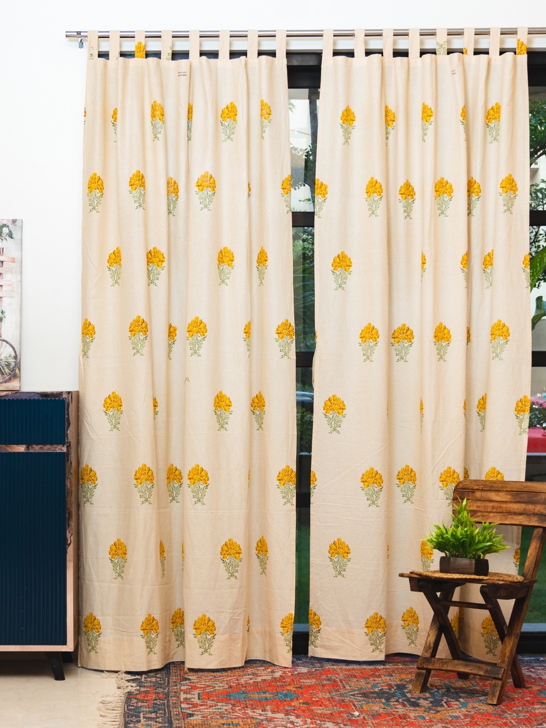 

URBAN SPACE 2 Pcs White & Yellow Ethnic Motifs Cotton Door Curtain