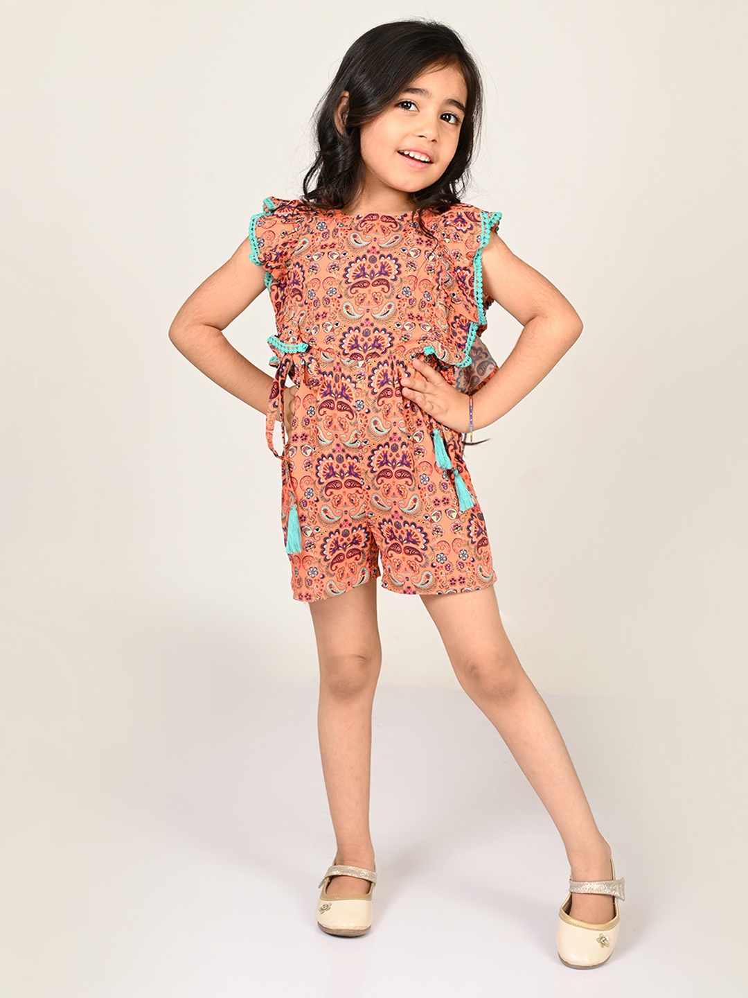 

LIL DRAMA Girls Ethnic Motifs Printed Ruffled Playsuit, Orange