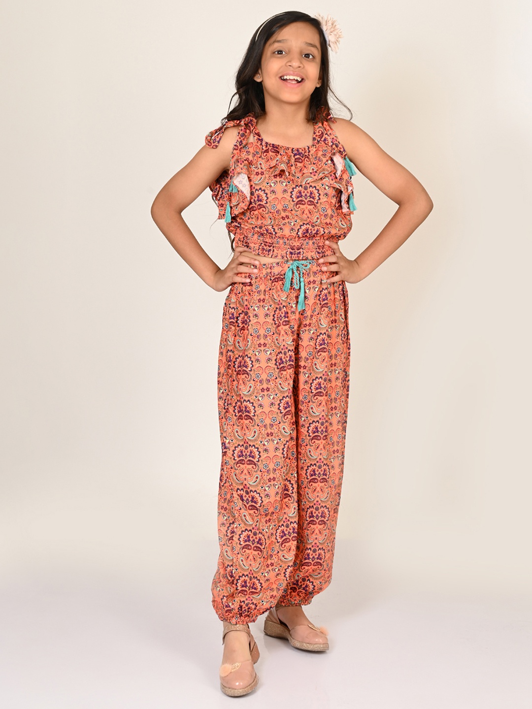 

LIL DRAMA Girls Ethnic Motifs Printed Top With Palazzos, Orange