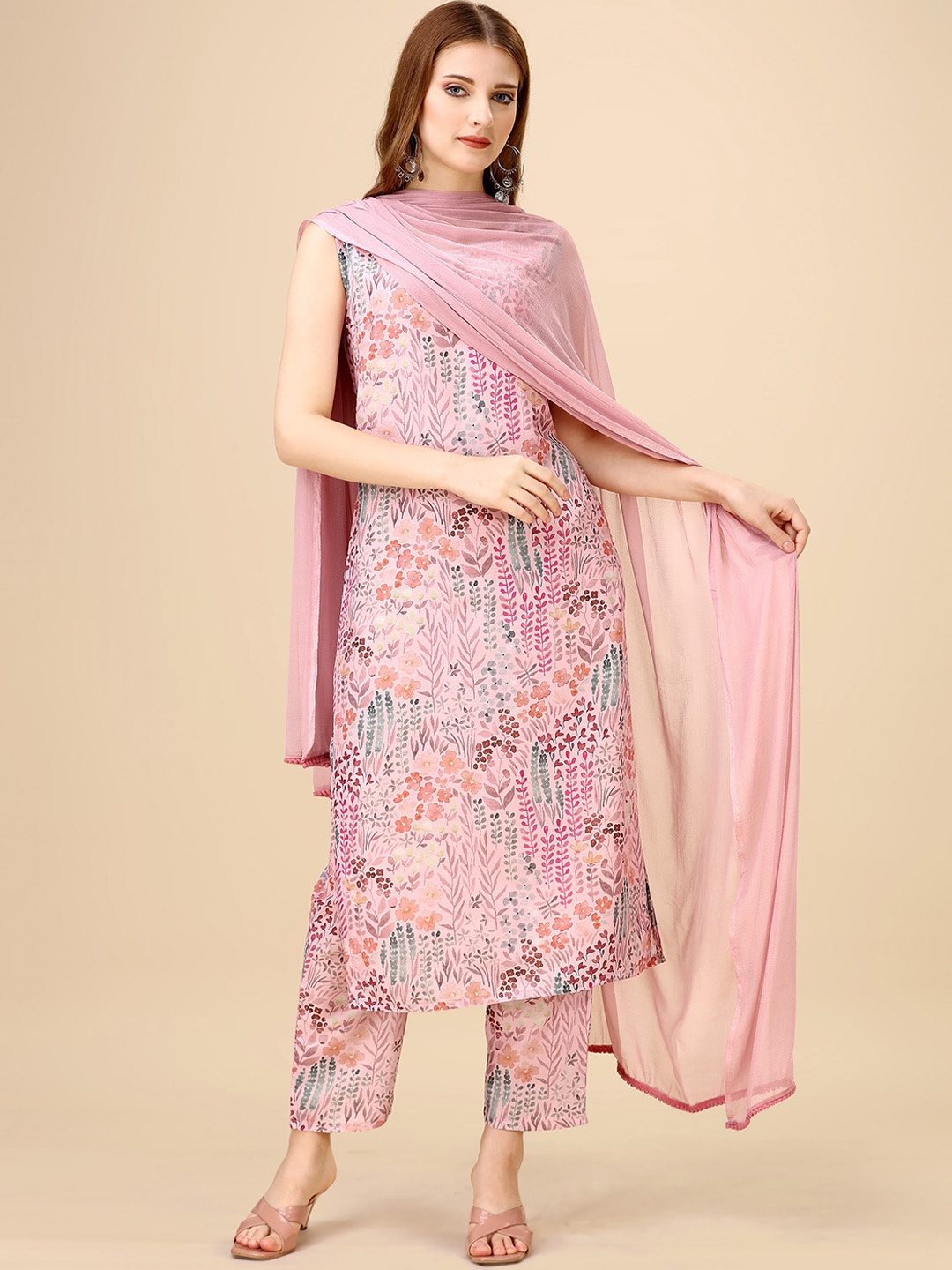 

KALINI Floral Printed Regular Kurta With Trousers & Dupatta, Pink