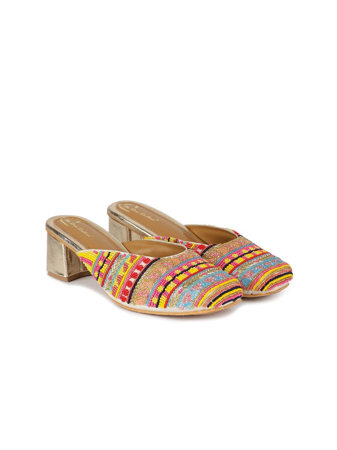 

The Desi Dulhan Ethnic Embellished Square Toe Block Mules, Gold