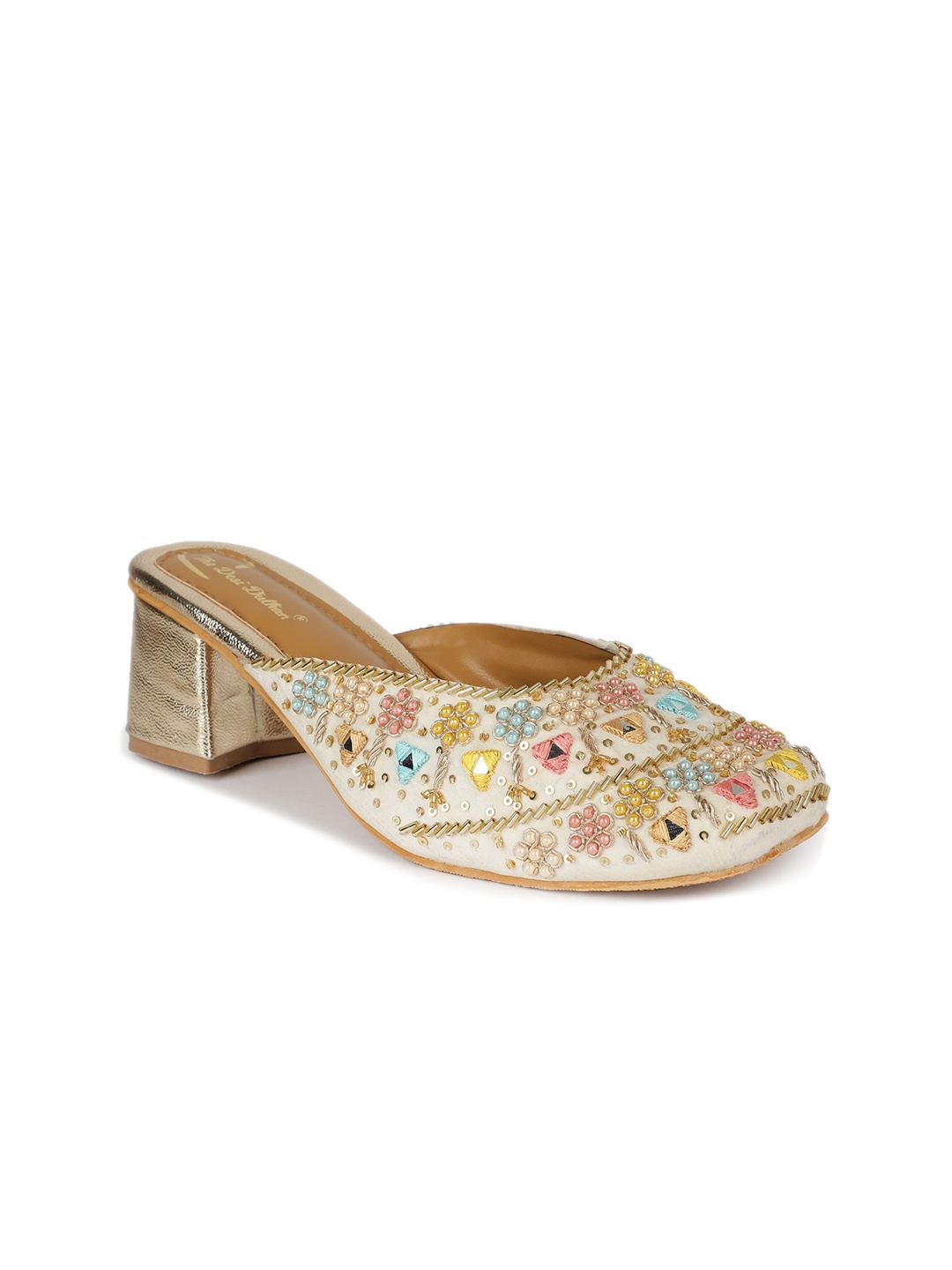 

The Desi Dulhan Ethnic Embellished Square Toe Block Mules, Off white