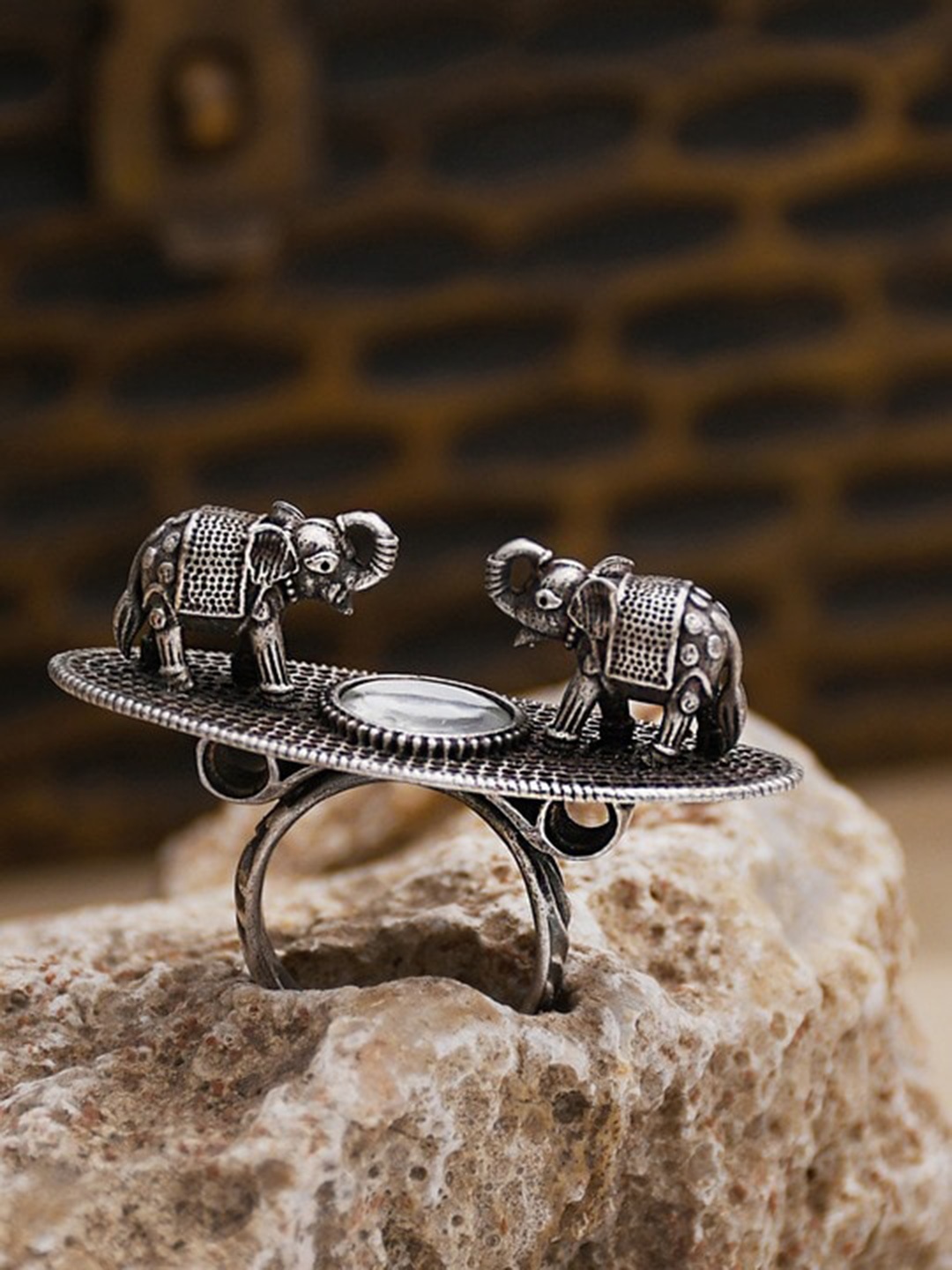 

Infuzze Brass-Plated Oxidised Finger Ring, Silver