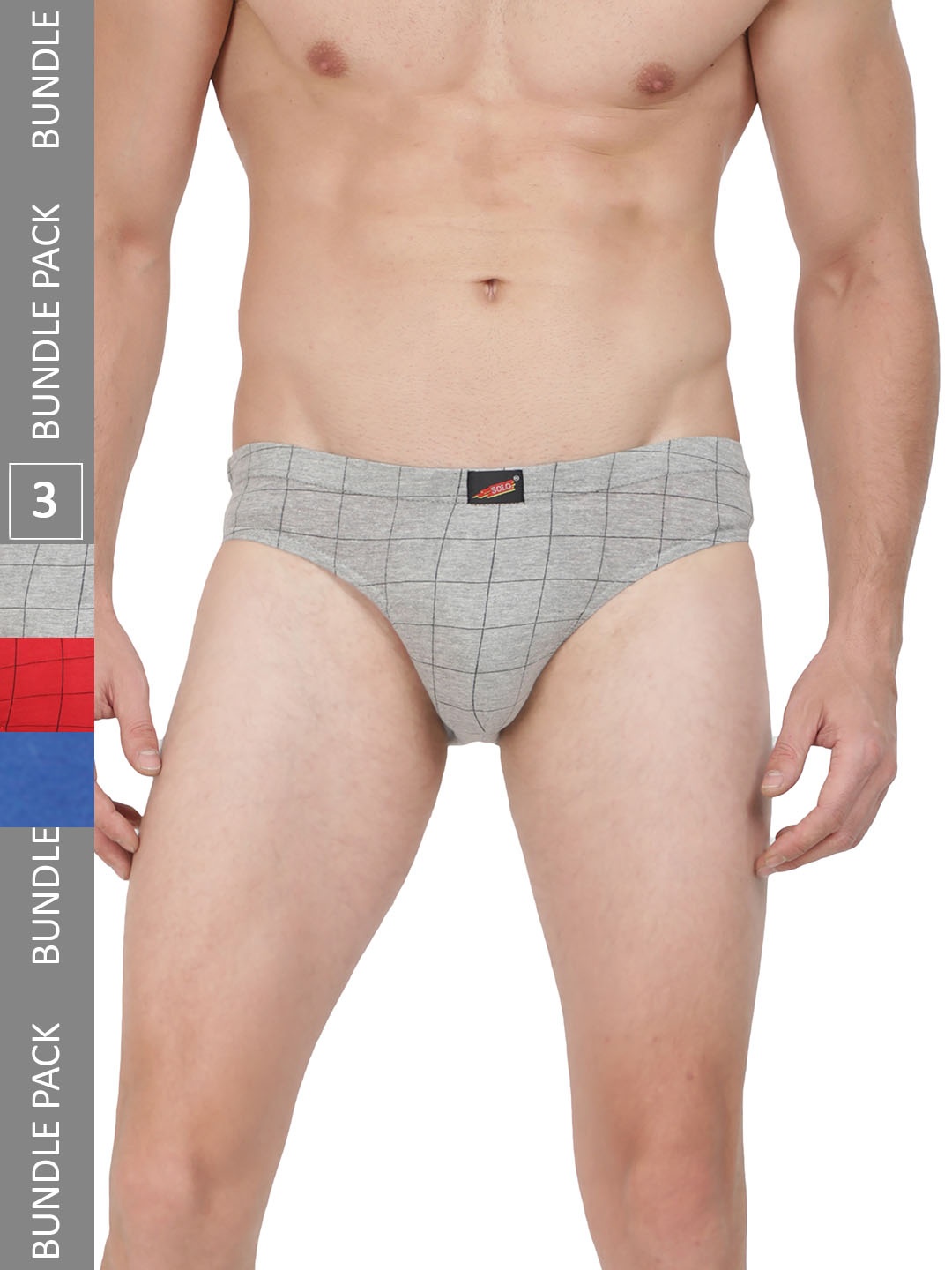 

SOLO Men Pack Of 3 Checked Cotton Basic Briefs IE-3, Grey melange