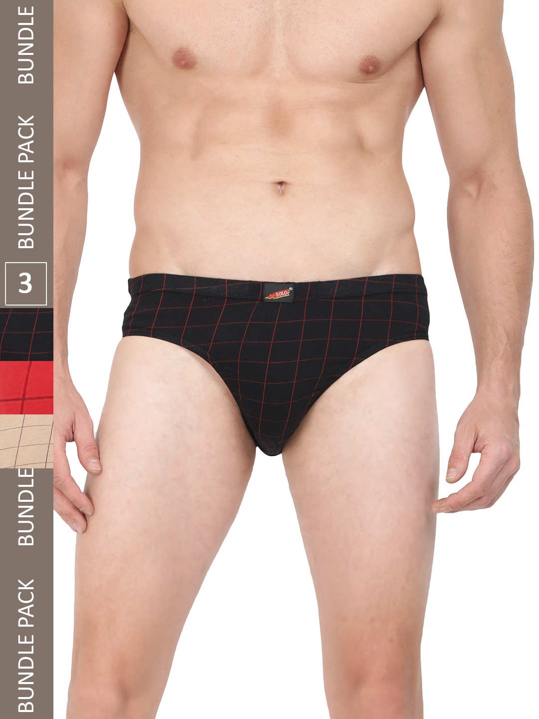 

SOLO Pack Of 3 Checked Cotton Briefs CIE-3-Black,Camel,Red-75