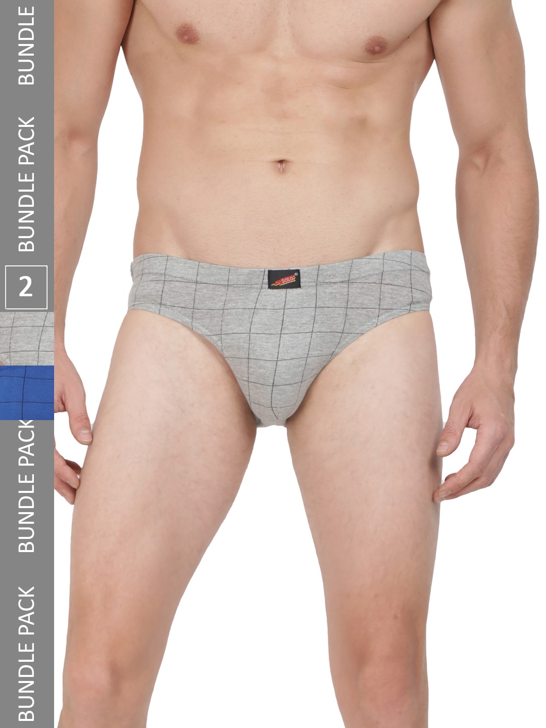 

SOLO Pack Of 2 Checked Pure Cotton Basic Briefs CIE-2-Grey Melange,Royal Blue-75