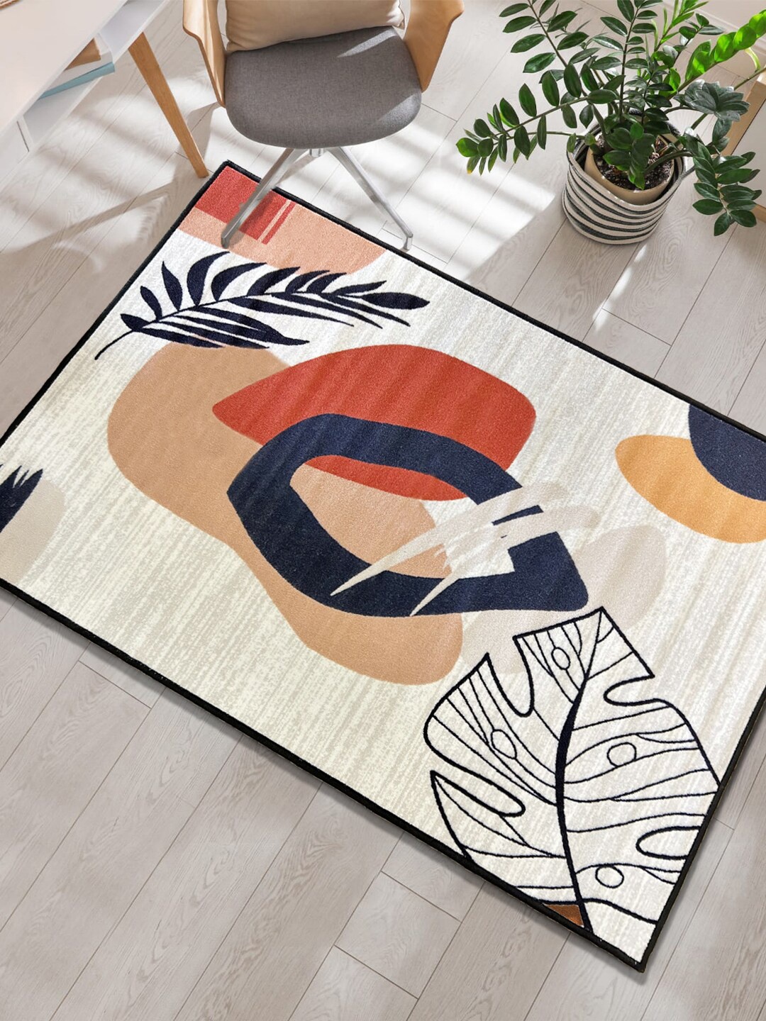 

URBAN SPACE Beige & Blue Printed Anti-Skid Nylon Carpet