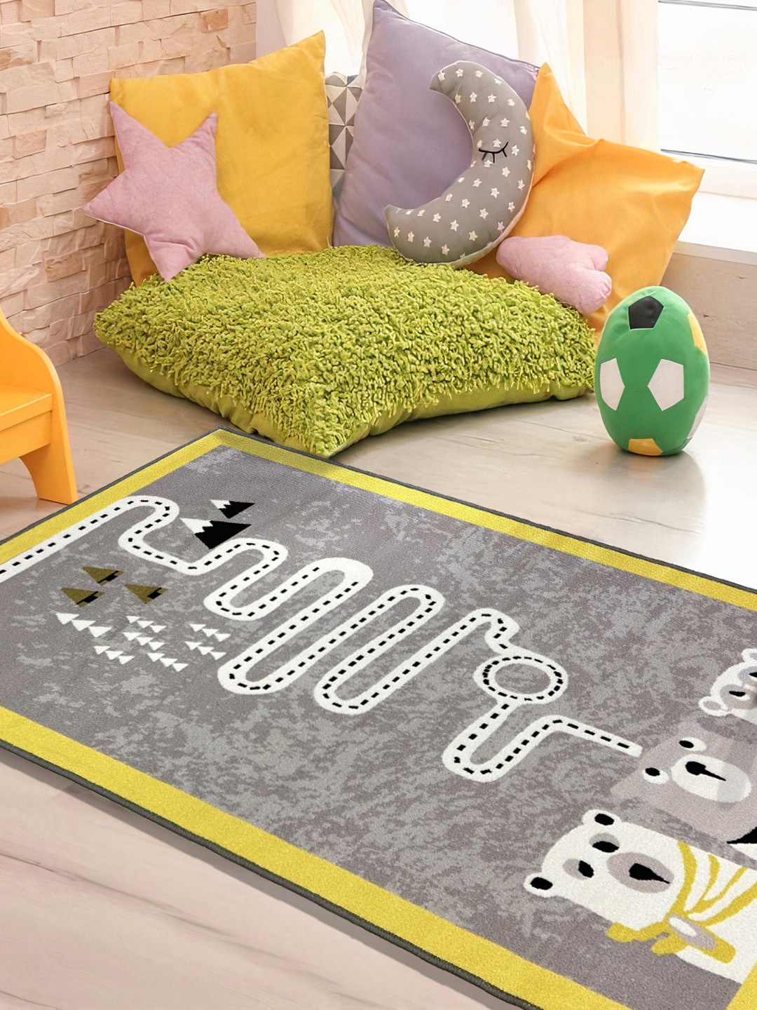 

URBAN SPACE Grey & Yellow Abstract Printed Anti-Skid Carpet