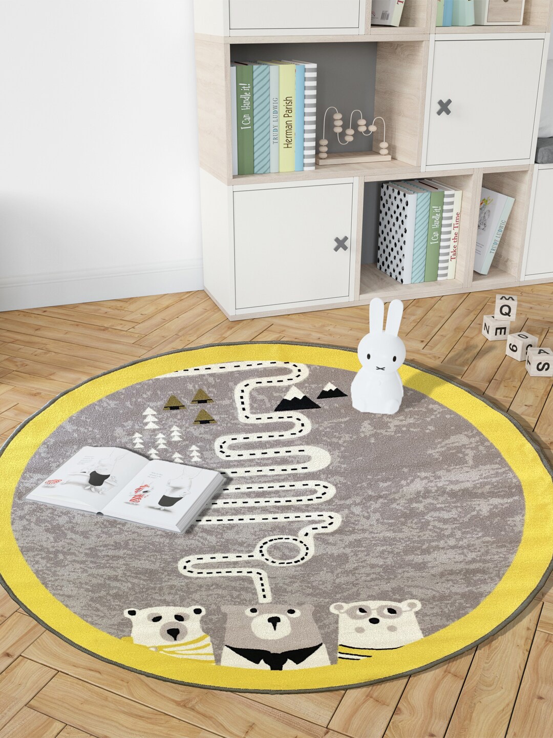 

URBAN SPACE Grey & Yellow Printed Nylon Anti-Skid Carpet