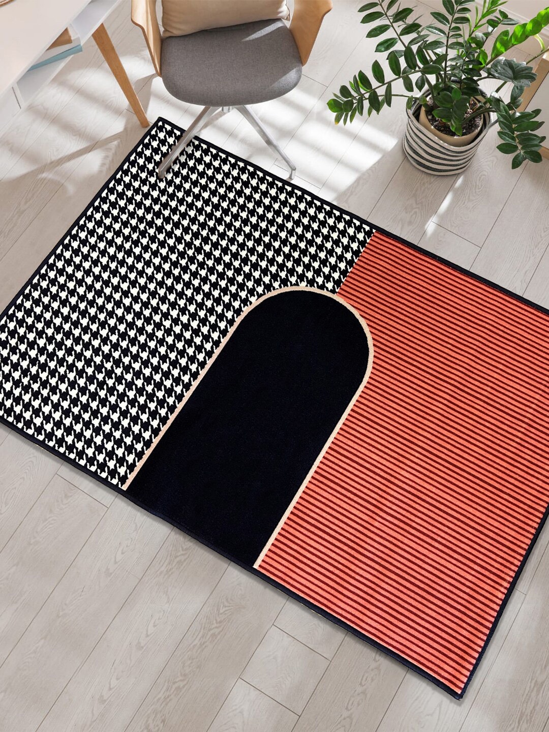 

URBAN SPACE Black & Orange-Colored Striped Anti-Skid Carpets