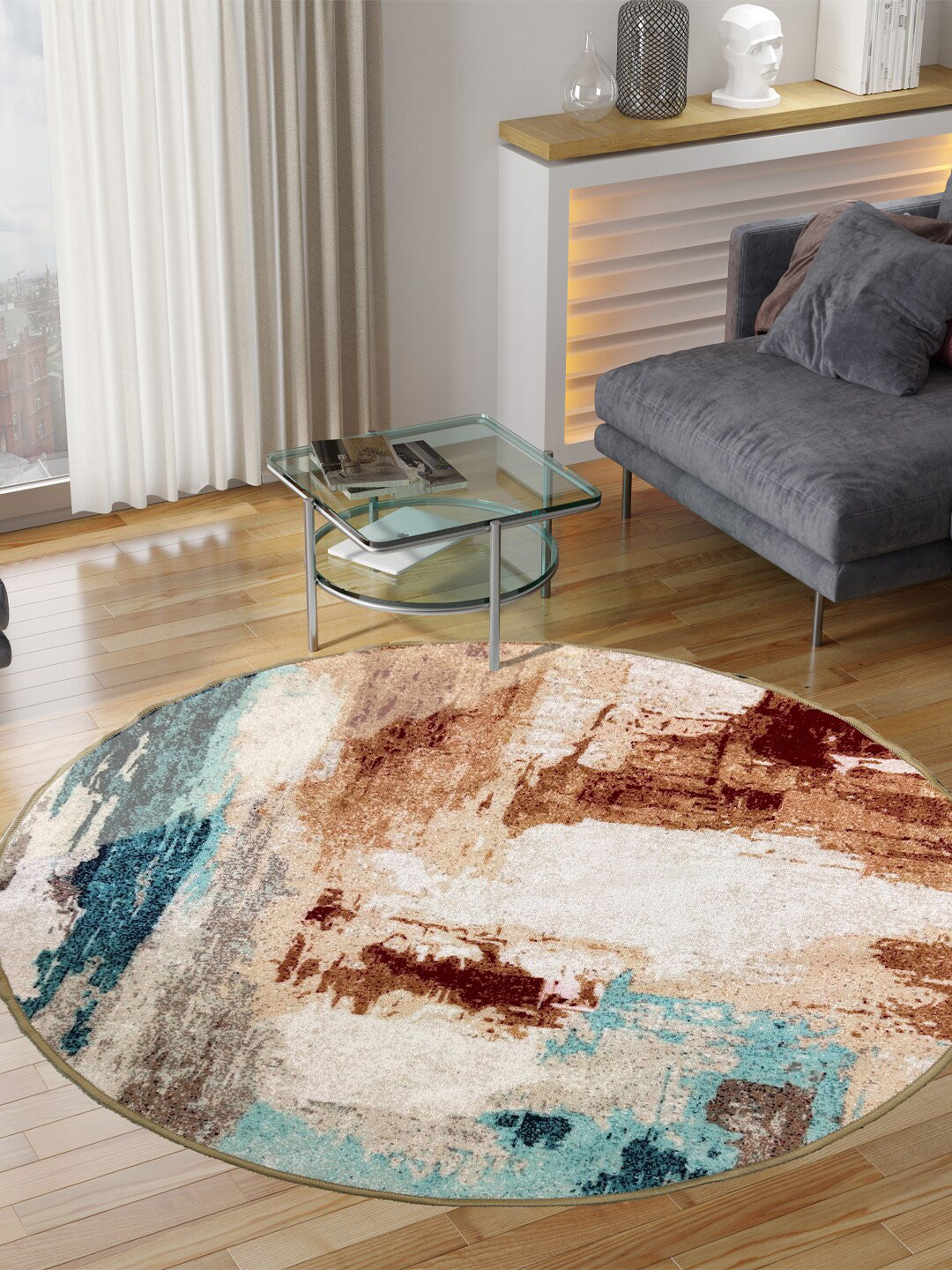 

URBAN SPACE Beige & Blue Abstract Printed Anti-Skid Carpet